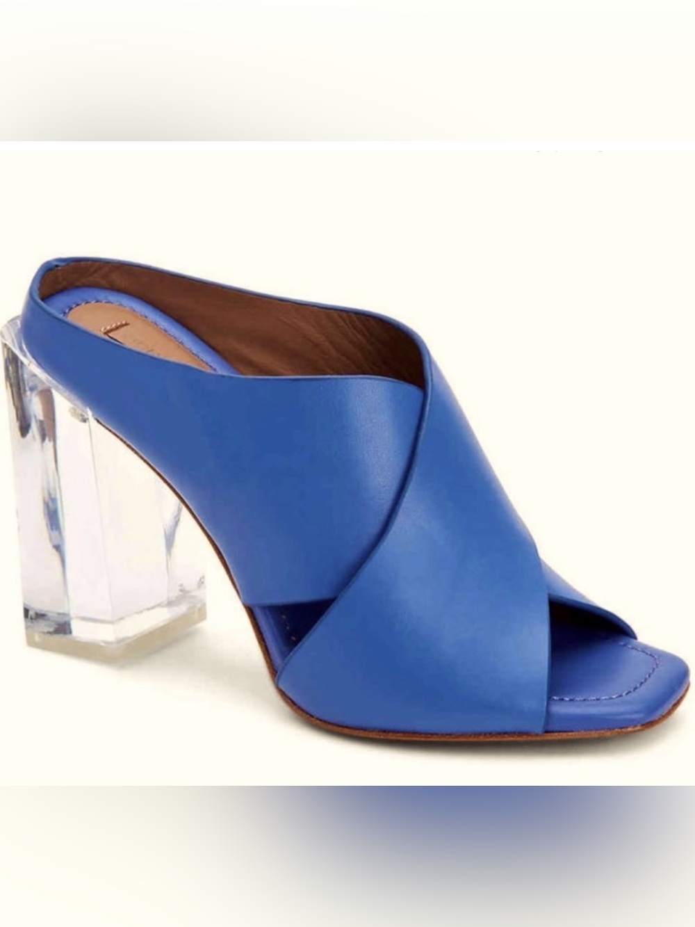 Genuine leather blue Crisscross Mule with Clear Block Heel